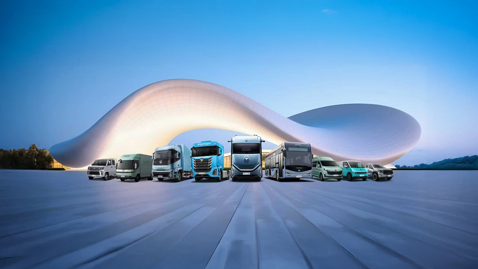 FOTON commercial vehicle line-up in front of a wave-shaped building