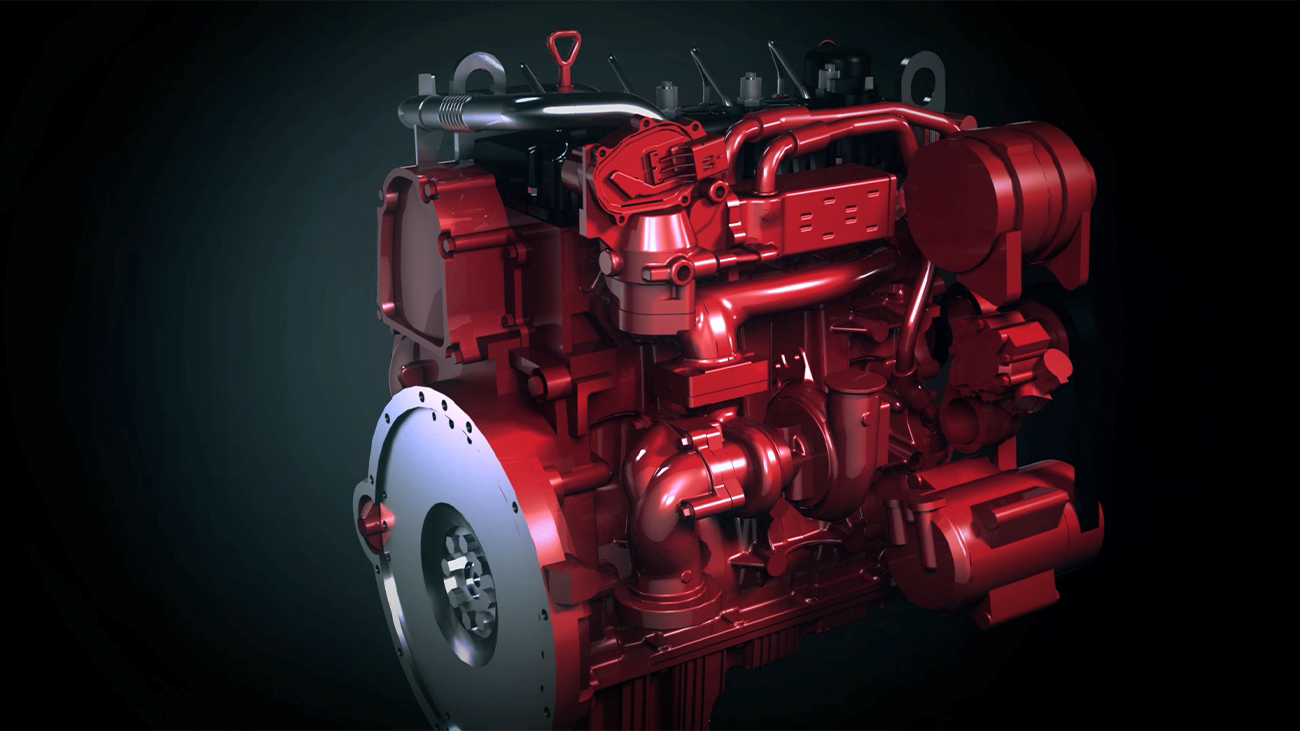 Red Foton Cummins diesel engine on a dark background