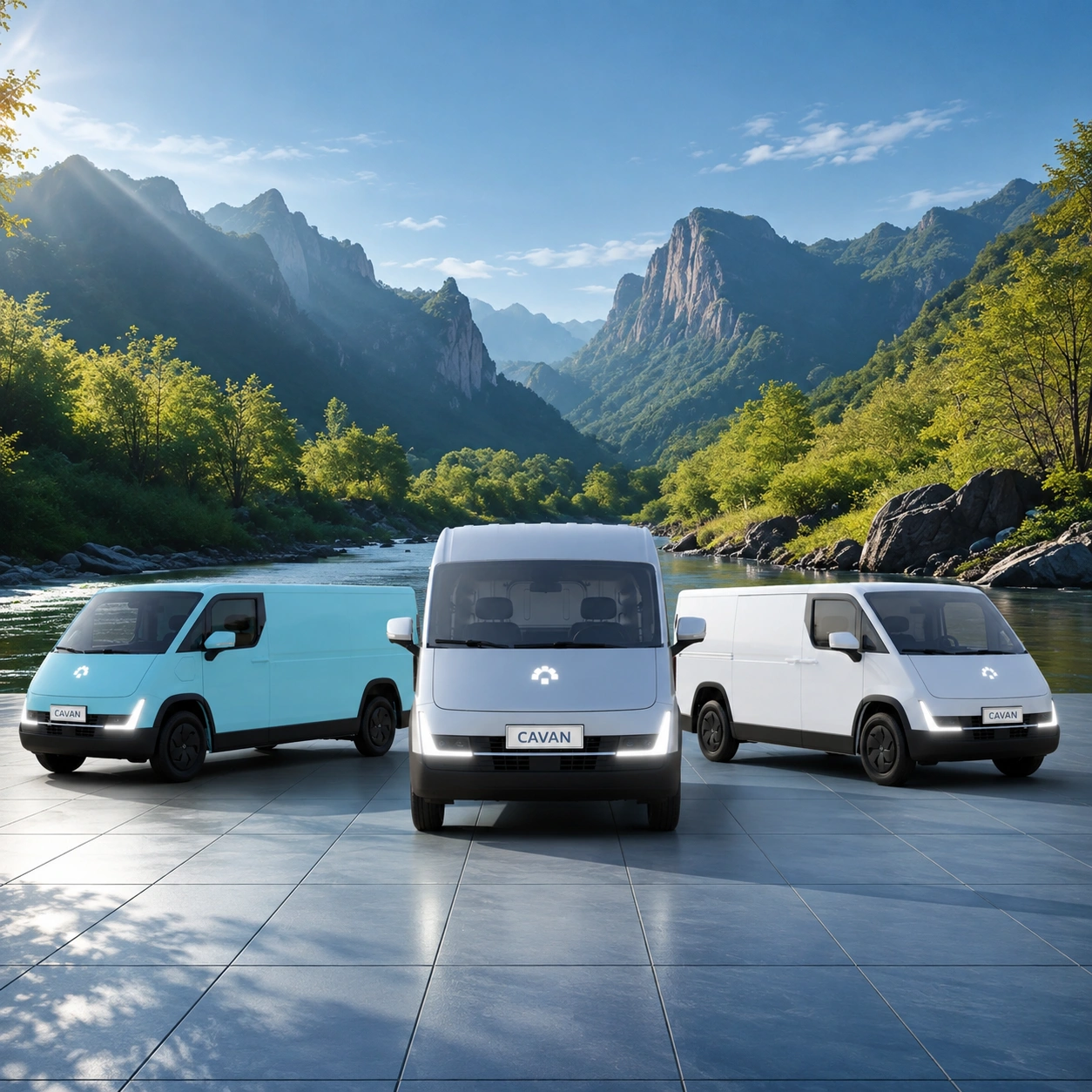 Three Cavan C1 electric vans parked by a riverside below forested mountains