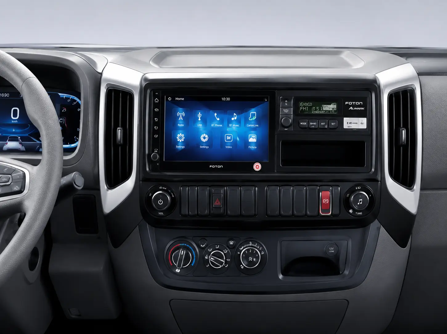 E Aumark front seats and centre console at dusk
