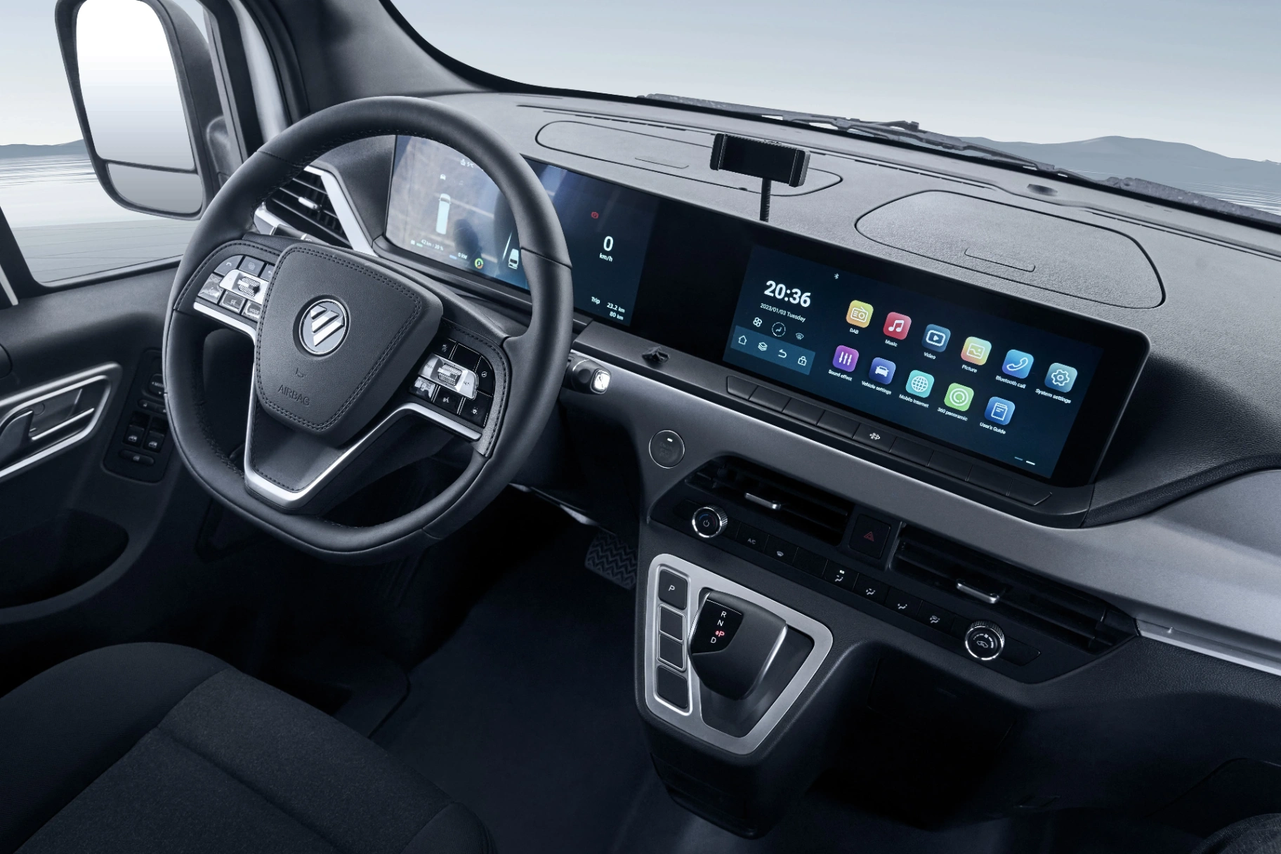 e-Toano dashboard and steering wheel seen from the passenger side